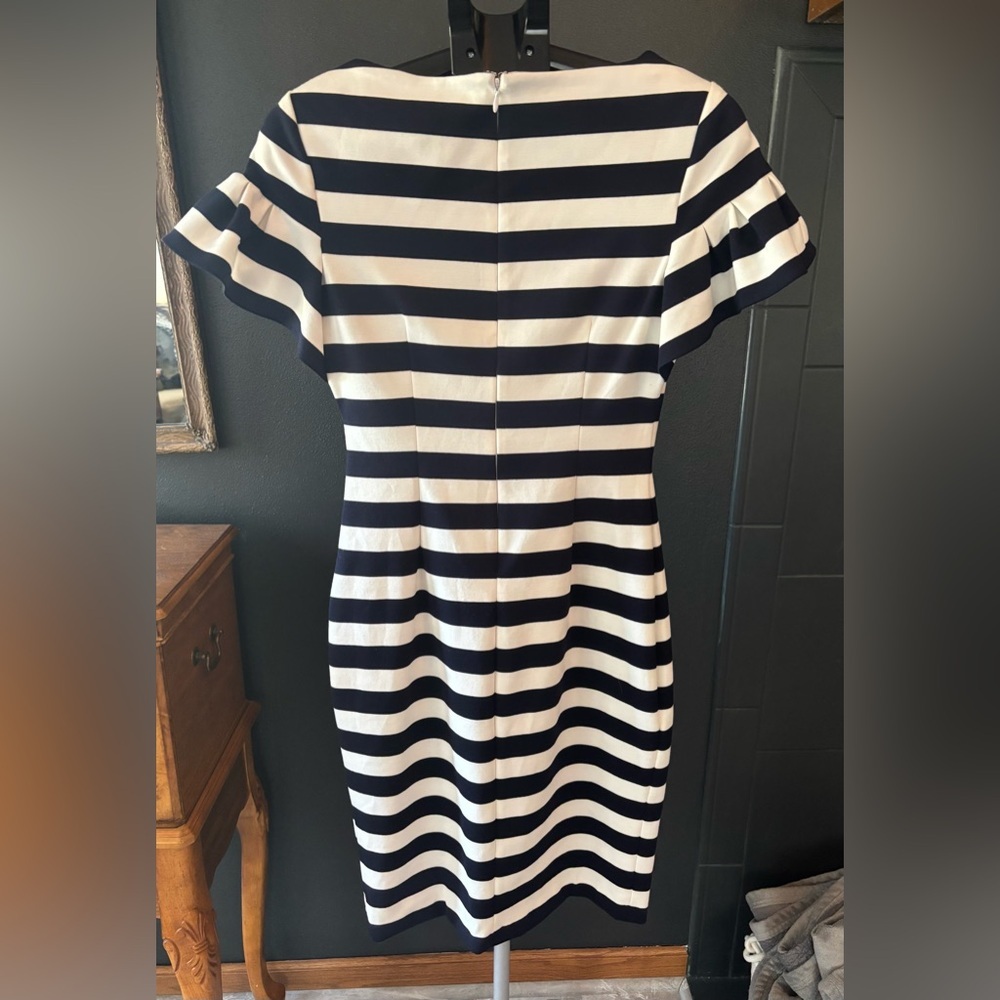 Eliza J Navy and White Striped Sheath Dress with Ruffle - Picture 2 of 6